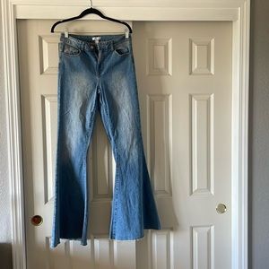 flared jeans, worn once, raw cut bottom, high rise, size - women’s 28